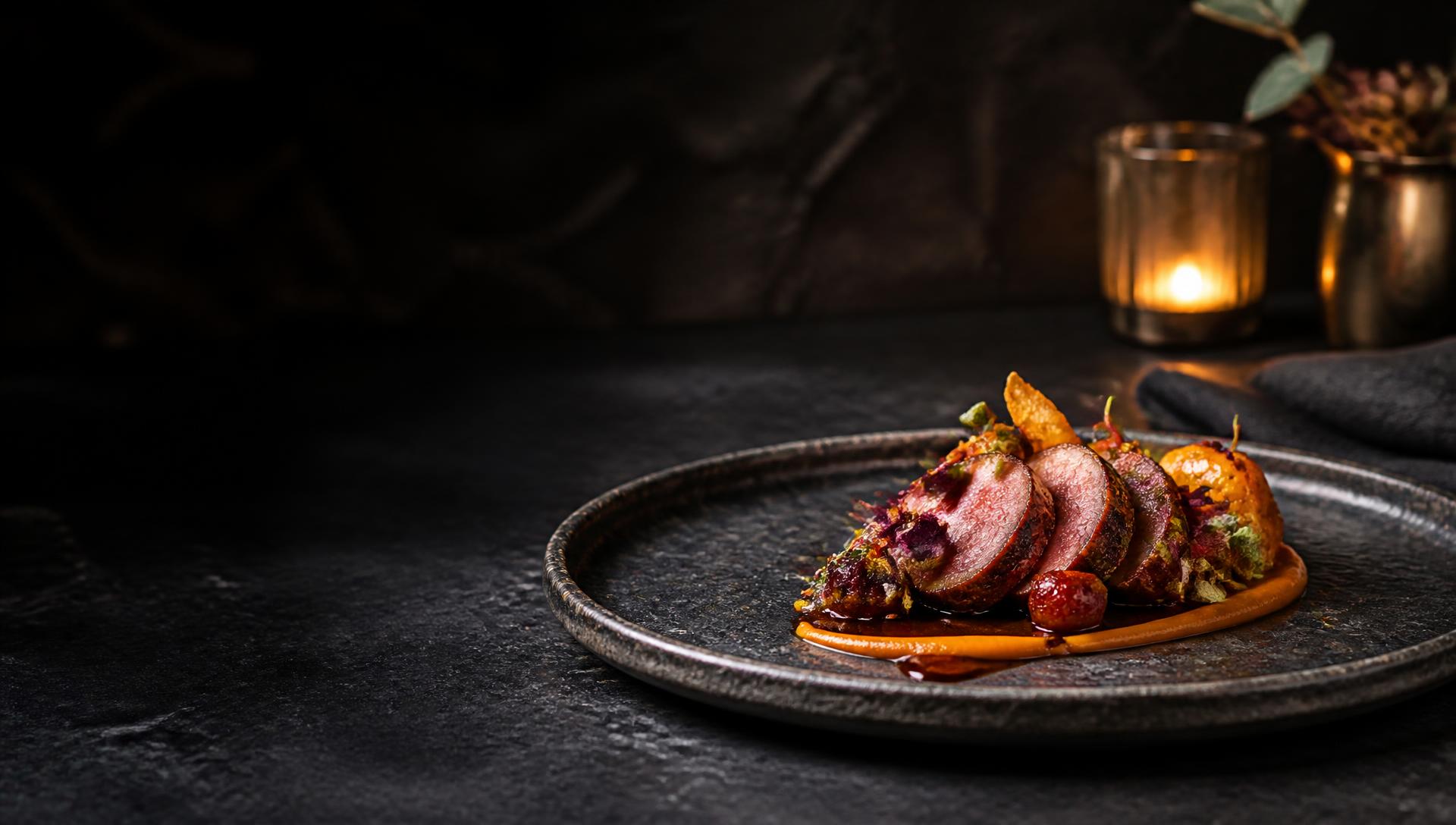Freshly prepared dish plated and lit by candlelight